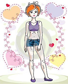 Attractive young red-haired woman adult standing on colorful backdrop with Valentine romantic hearts in casual clothes. Vector