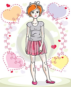 Attractive young red-haired woman adult standing on colorful backdrop with Valentine romantic hearts in casual clothes. Vector