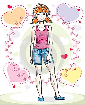 Attractive young red-haired woman adult standing on colorful backdrop with Valentine romantic hearts in casual clothes. Vector