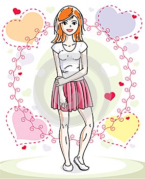 Attractive young red-haired woman adult standing on colorful backdrop with Valentine romantic hearts in casual clothes. Vector