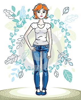 Attractive young red-haired woman standing on background of spring landscape and wearing stylish casual clothes. Vector human ill