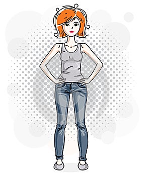 Attractive young red-haired woman standing on modern background