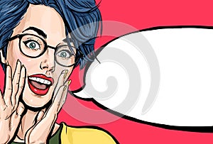 Attractive young sexy woman is announcing, telling a secret, shouting or yelling. Advertising poster of comic lady saying W photo