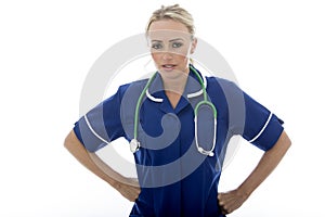 Attractive Young Stern Unhappy Woman Posing As A Doctor or Nurse