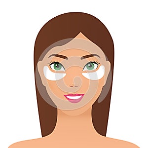Attractive young woman applying white under eye patches, girl caring for her face, eye skin treatment procedure vector