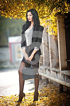 Attractive young woman in a autumnal fashion shot. Beautiful fashionable lady in black and white outfit posing in park