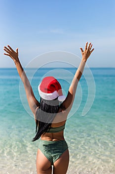 Attractive young woman in bikini with red christmas santa claus hat on ocean beach with hands up. Rear view