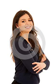 Attractive young woman in blue shirt isoalted over white photo