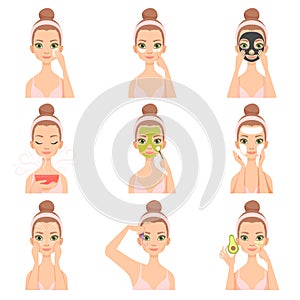 Attractive young woman caring for her face and skin with cosmetics set, beauty routine steps, facial treatment