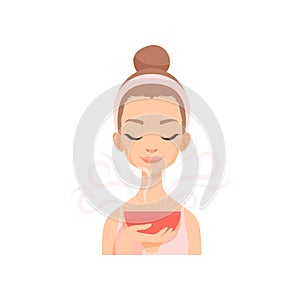 Attractive young woman caring for her face with steam, facial treatment procedure vector Illustration
