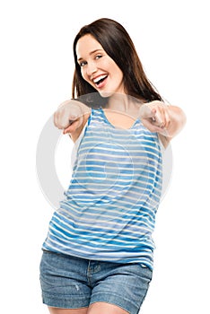 Attractive young woman celebrating pointing smiling isolated on
