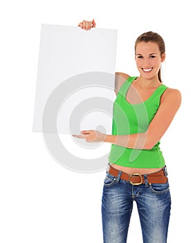 Attractive young woman holding bank sign