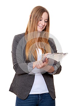 Attractive young woman holding clipboard