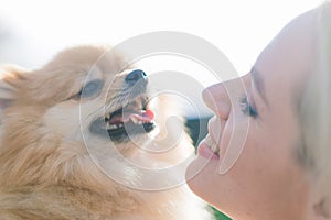 Attractive young woman holding dog spitz outside and smiling at camera, walking in the park