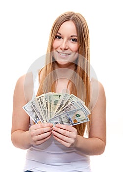 Attractive young woman holding dollar notes