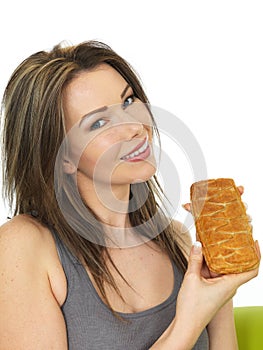 Attractive Young Woman Holding a Hot Cheese Slice Pastry