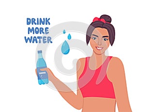 Attractive young woman holding plastic bottle of drinking water. Fitness and health. Drink more water concept. Vector illustration