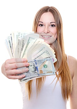 Attractive young woman holding us dollar notes