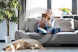 Attractive young woman kissing her little cute dog while sitting in couch with her dogs and cat in living room at home