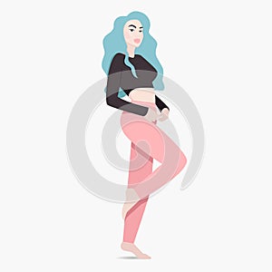 Attractive young woman with long blue hair stands and poses on one leg barefoot