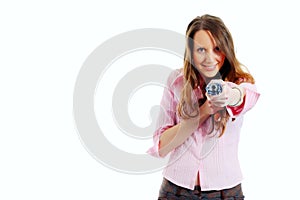 Attractive young woman shooting with umbrella