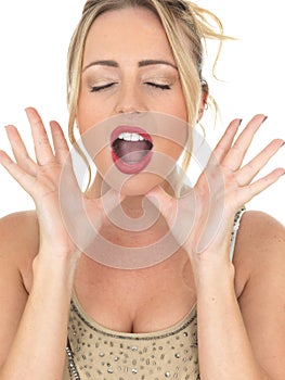 Attractive Young Woman Shouting or Calling Out for Attention or Help