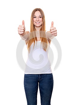 Attractive young woman showing thumbs up