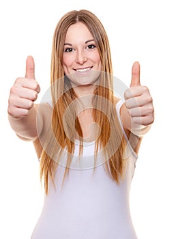 Attractive young woman showing thumbs up