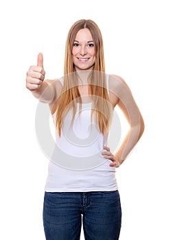 Attractive young woman showing thumbs up