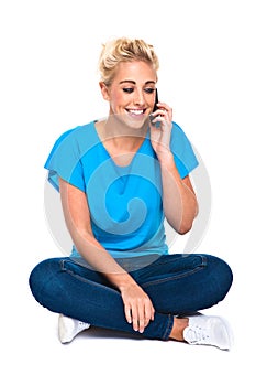 Attractive Young Woman Smiling On Cell Phone