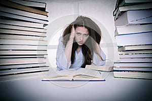Attractive young woman student undre stress while studiing for e