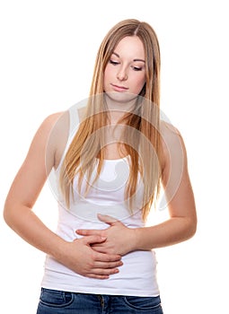 Attractive young woman suffer sfrom stomachache