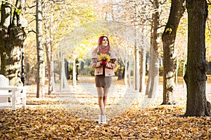 Attractive young woman walking in the park in the autumn time holding colorful foliage