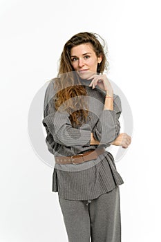 Attractive young woman on a white background