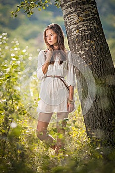 Attractive young woman in white short dress posing near a tree in a sunny summer day. Beautiful girl enjoying the nature