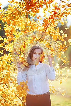 Attractive young woman in yellow autumn leaves, sunlight