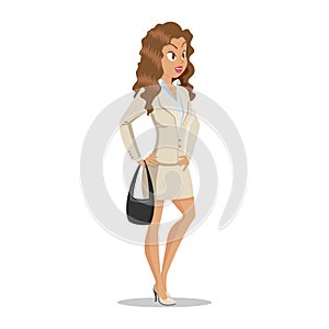 Attractive young women in elegant office clothes. Cute cartoon girl with a black bag in hand. Business girl. Office lady