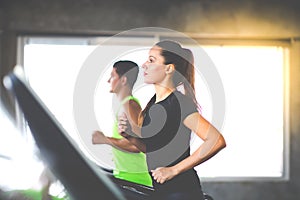 Attractive young woman and female running on treadmill  machine at gym sports club. Fitness Healthy lifestye and workout at gym photo