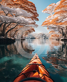 an attractively decorated kayak is floating past snow covered trees in a lake