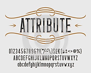 Attribute alphabet font. Vintage letters, numbers and punctuations for label, badge or emblem design.