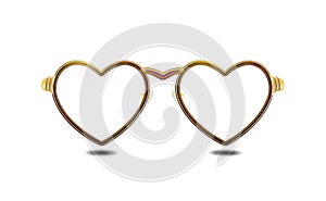 Attribute of Valentines day golden glasses with a rim of hearts, isolated on light background. Eyeglasses obligatory Retro design