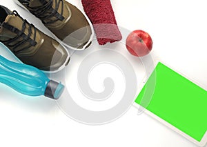 Attributes of a healthy lifestyle on white background. Tools for fitness