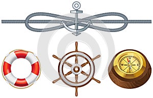 Attributes of marine theme vector set isolated rope, lifebuoy, vintage compass and steering wheel