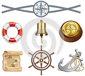 Attributes of marine theme vector set isolated rope, lifebuoy, vintage compass and steering wheel