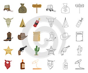 Attributes of the wild west cartoon,outline icons in set collection for design.Texas and America vector symbol stock web