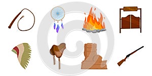 Attributes of the wild west icons in set collection for design. Texas and America vector symbol stock web illustration.