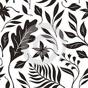Atumn leaves, black and white seamless illustration. photo