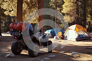 atv loaded with camping gear, parked at a forest campsite