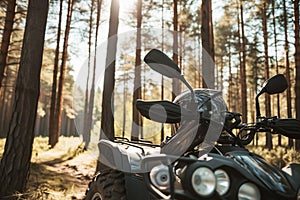 atv parked among tall forest trees, with helmet on handlebar