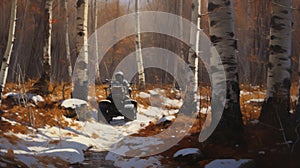 Atv Ride Through Forest: Classical Figurative Realism Painting